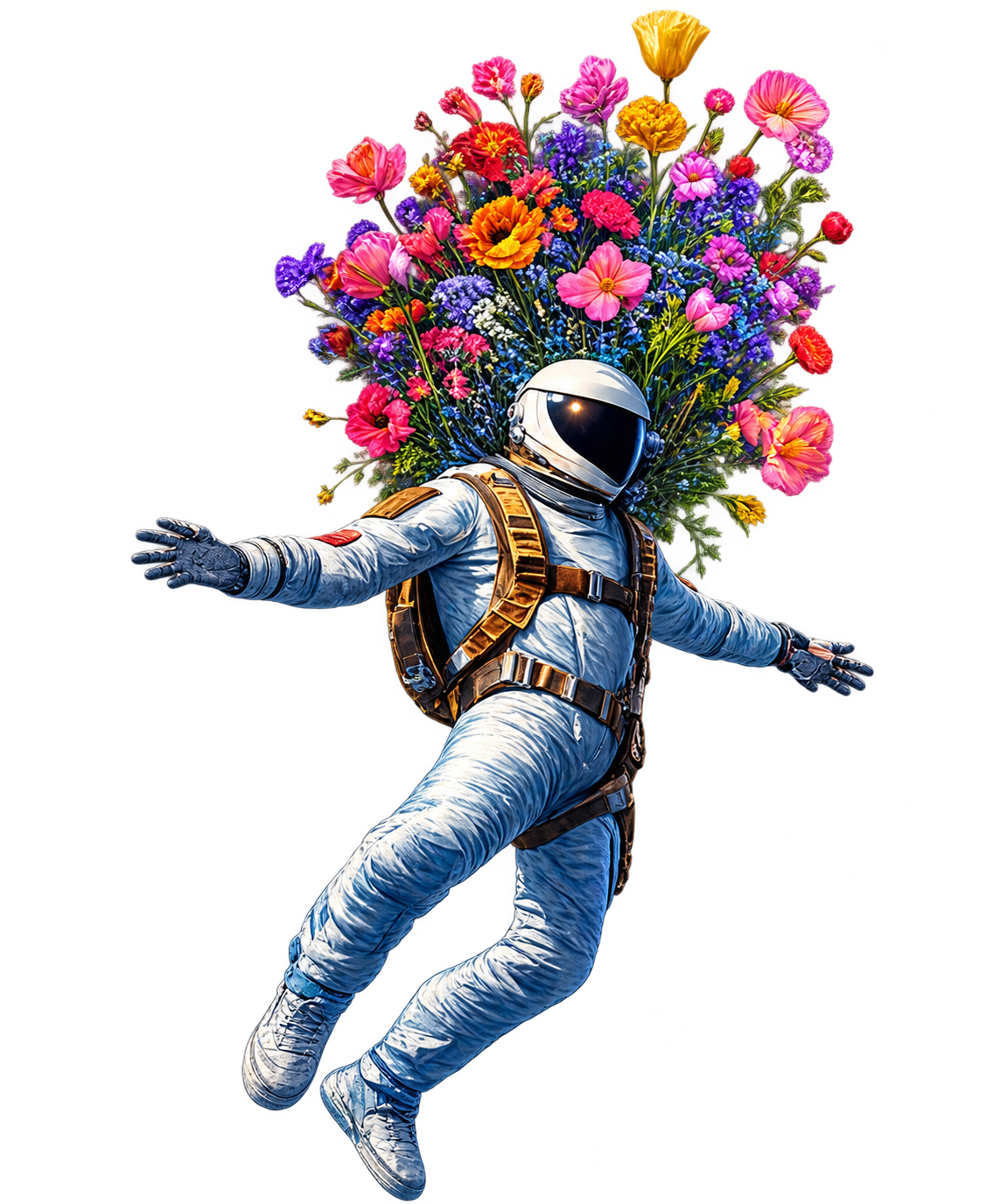 An astronaut floating in space with a colorful bouquet of flowers