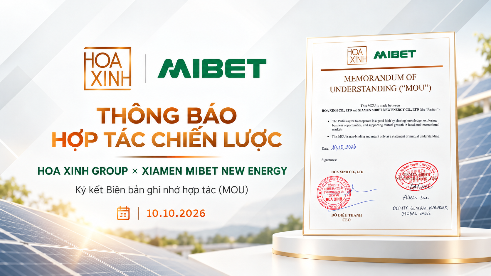 HOA XINH GROUP KÝ KẾT MOU HỢP TÁC CHIẾN LƯỢC VỚI XIAMEN MIBET NEW ENERGY